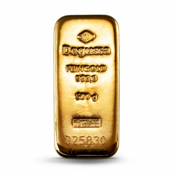 500 g Degussa Goldbarren (gegossen)